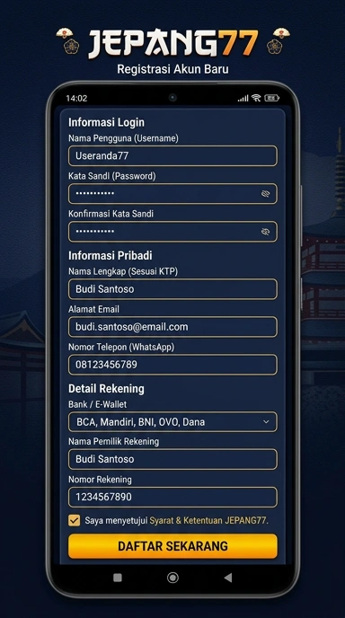 Tampilan halaman daftar jepang77
